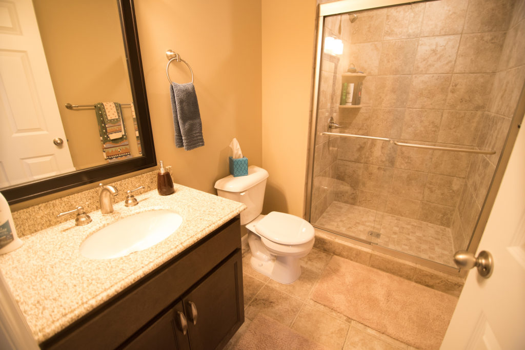 vinyl tile flooring in basement with vanity and granite