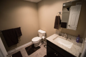 vinyl tile in basement bathroom with beige colored walls and granite countertop on vanity