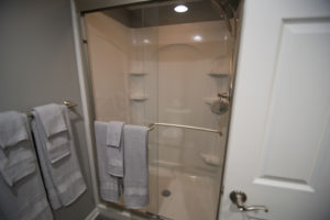 basement shower insert with brushed nickel hardware