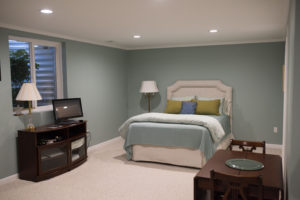 spare bedroom in basement with egress window and bathroom