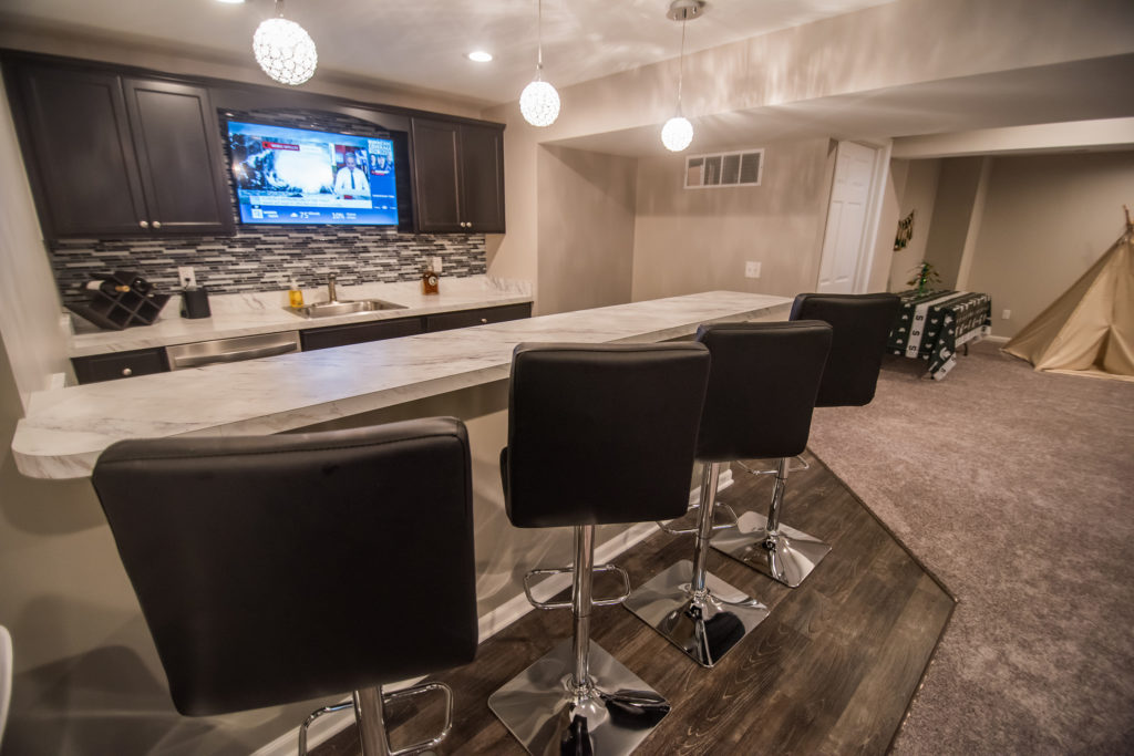 modern basement bar with seating