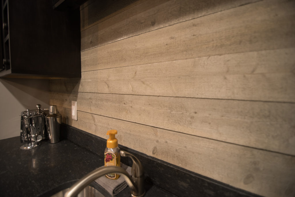ship lap as backsplash for basement bar