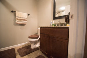bathroom in finished basement with vinyl tile flooring and vanity with granite