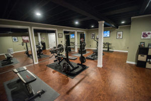 basement fitness room with vinyl plank flooring
