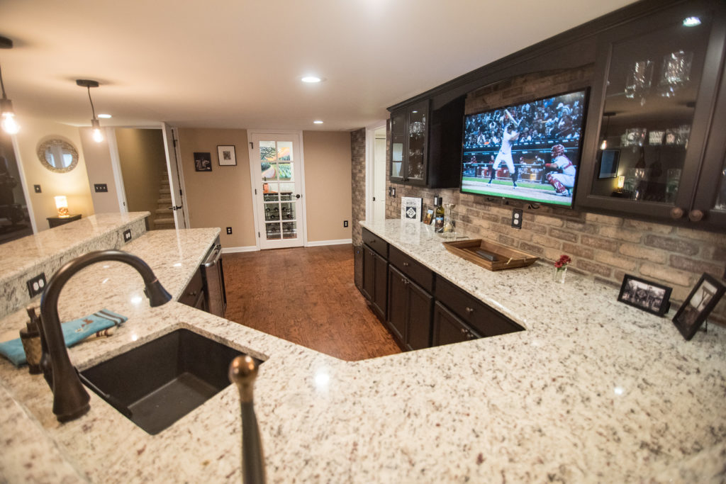 large custom basement bar with extra seating