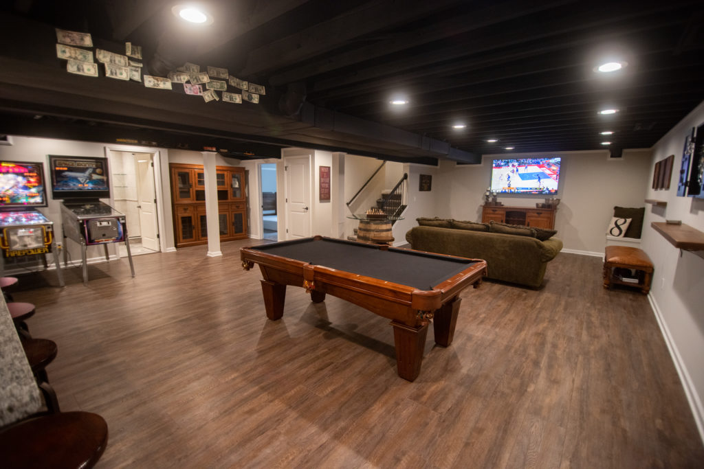 painted ceiling in basement with industrial design
