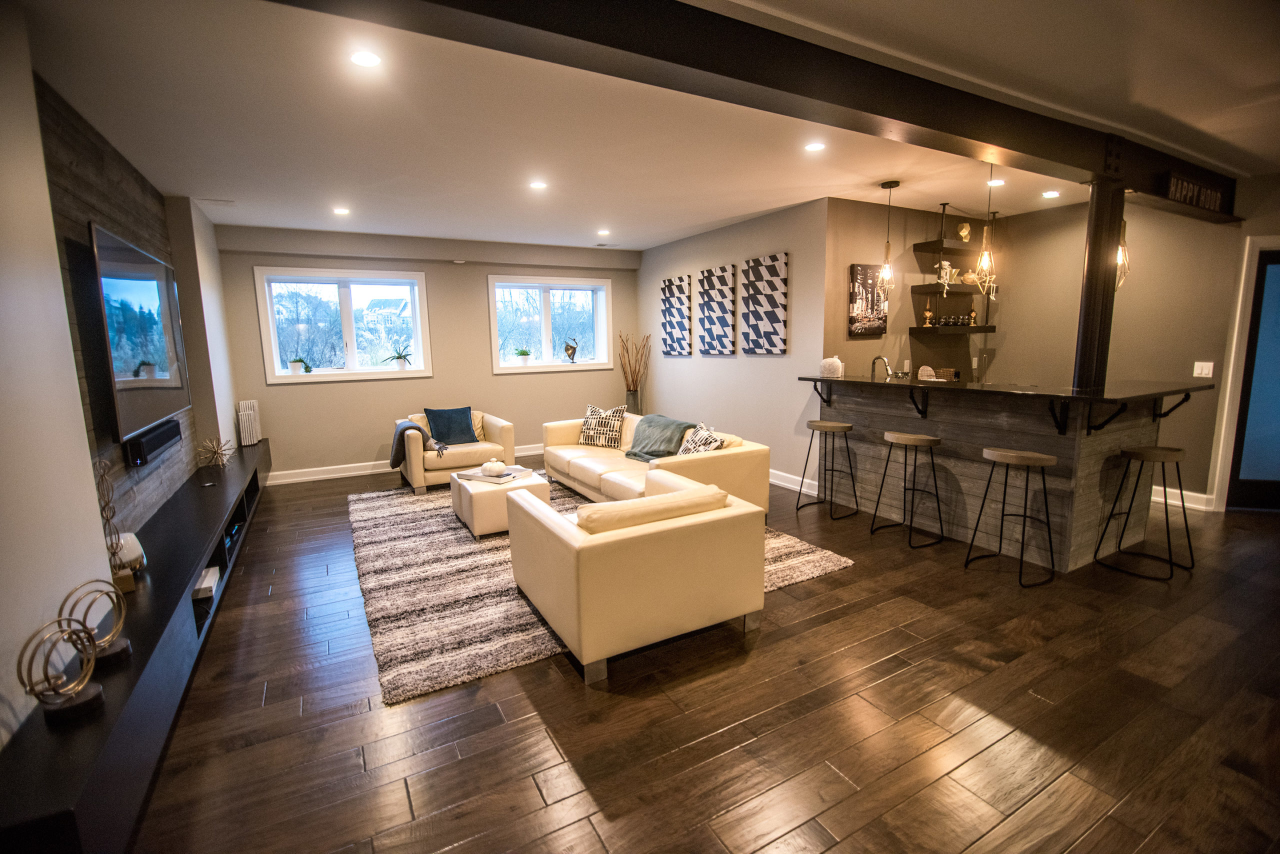modern wood and metal basement design