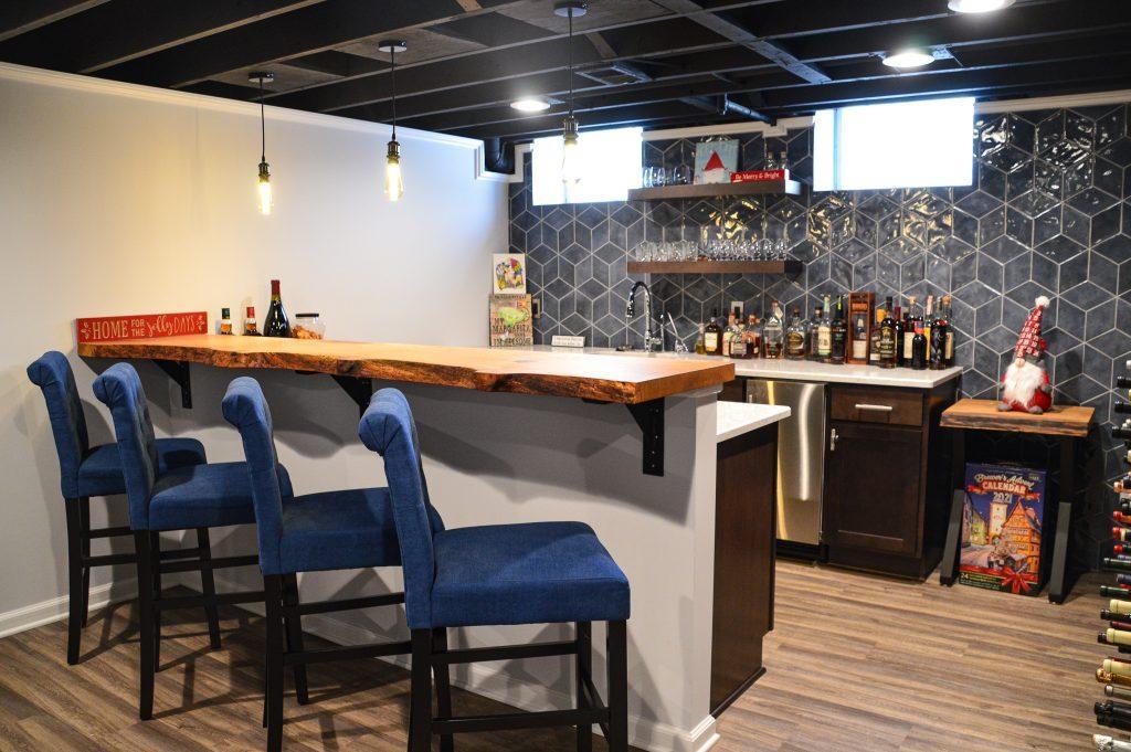 Finished basement home bar with custom wood countertop in Farmington Hills, Michigan