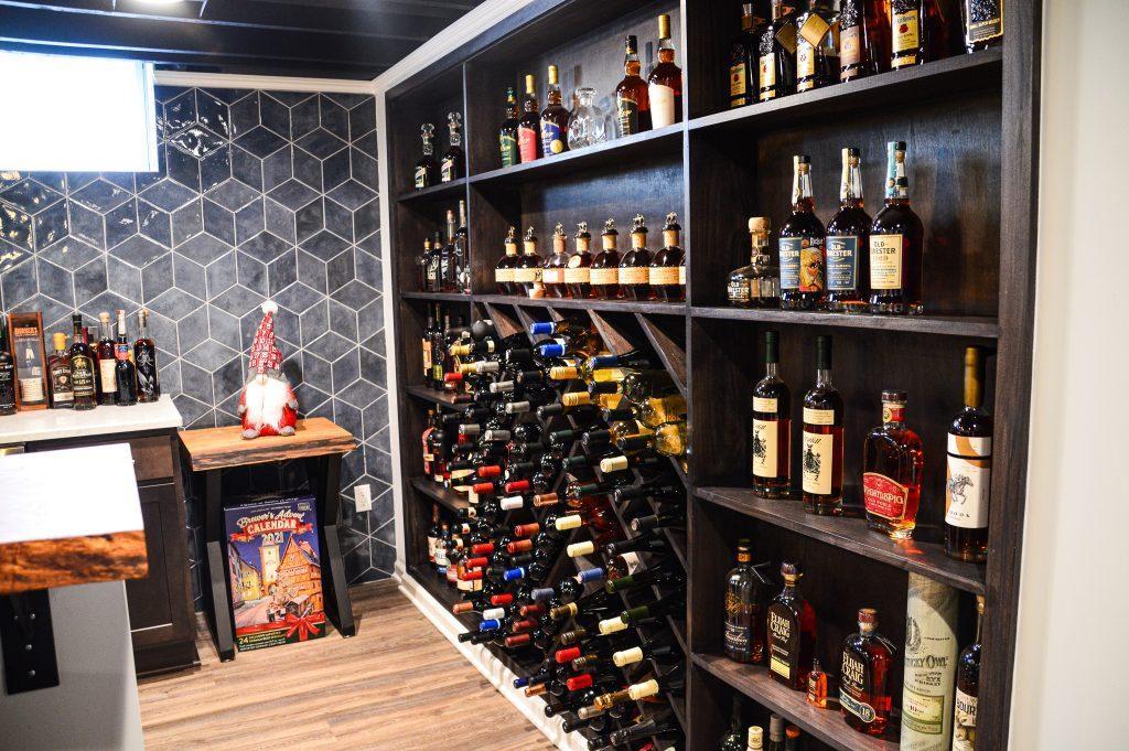 Finished basement wine rack wall in Farmington Hills, Michigan