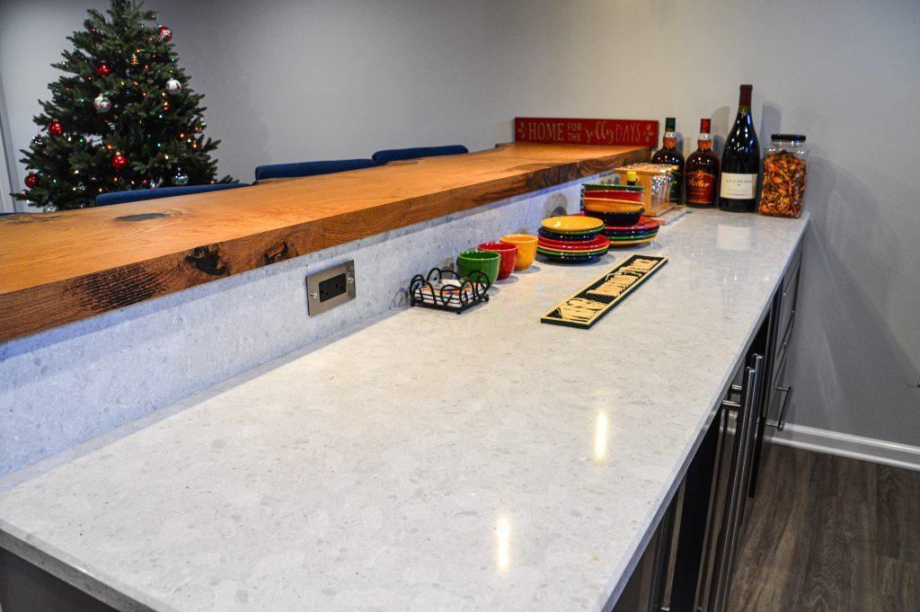 Finished basement quartz countertop for home bar in Farmington Hills, Michigan