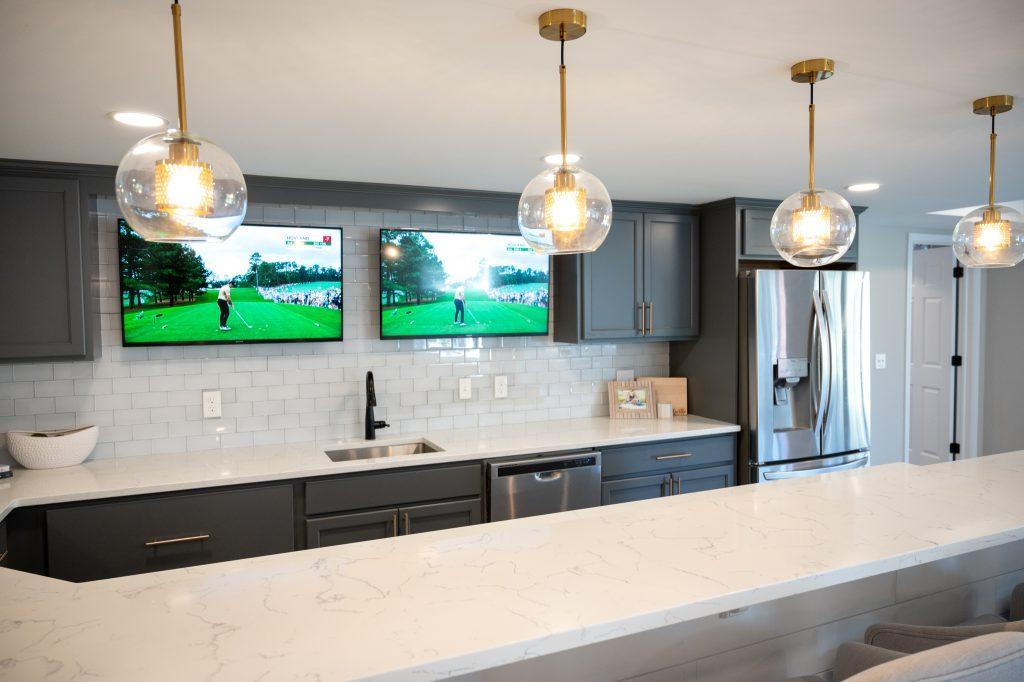 Finished basement home bar quartz countertop in Northville, Michigan