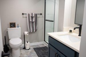 Finished basement bathroom vanity sink and walk-in shower in New Hudson, Michigan