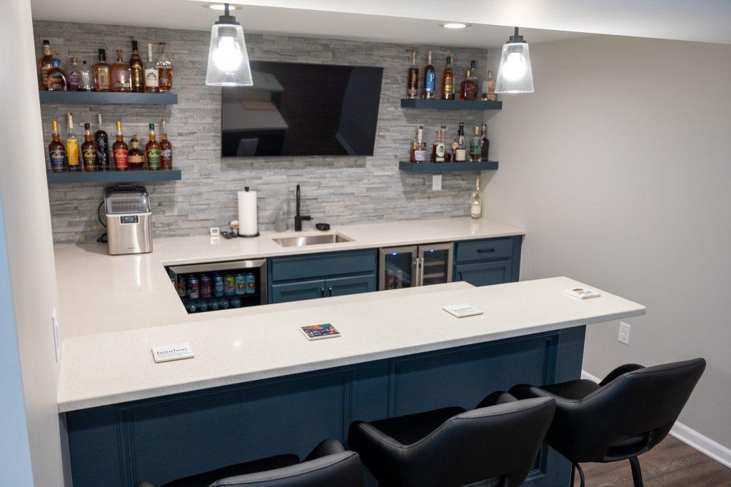 Finished basement home bar in New Hudson, Michigan