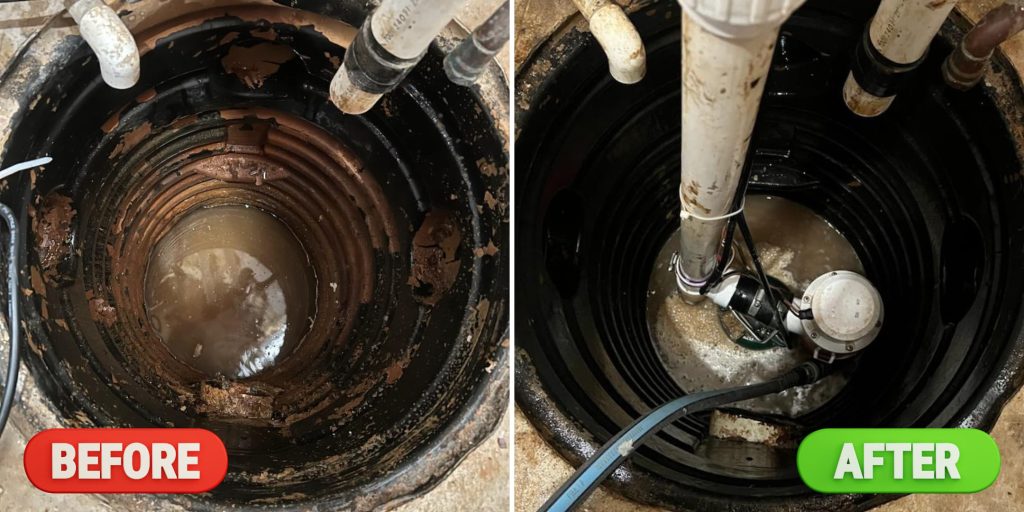 Before and after sump pump repair looking down into a basin.