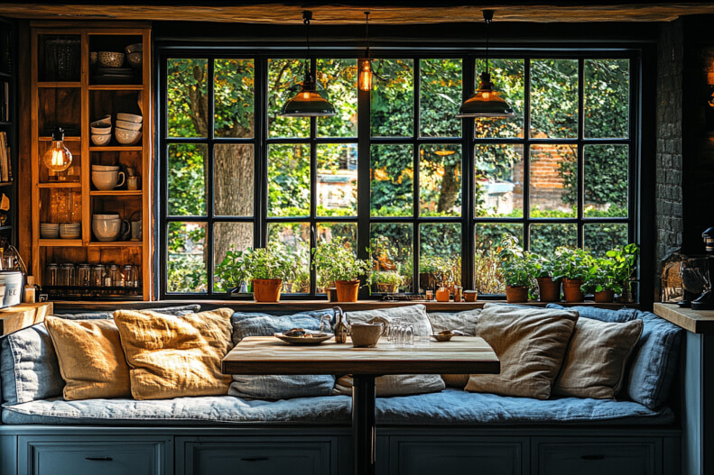 Built-in kitchen seating nook with colorful cushions and a round breakfast table.