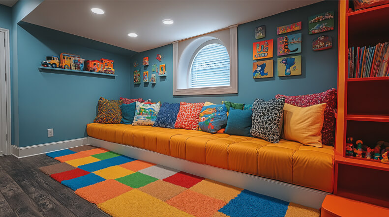 Cozy basement playroom featuring carpet tiles in a variety of colors, offering warmth and comfort for children's play and relaxation.