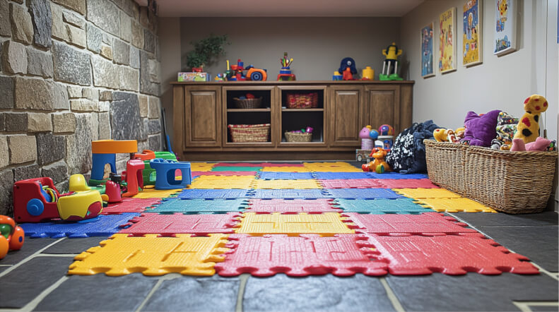 Basement playroom with soft, colorful foam floor mats and organized toy storage, perfect for creating a safe and engaging space for young children.