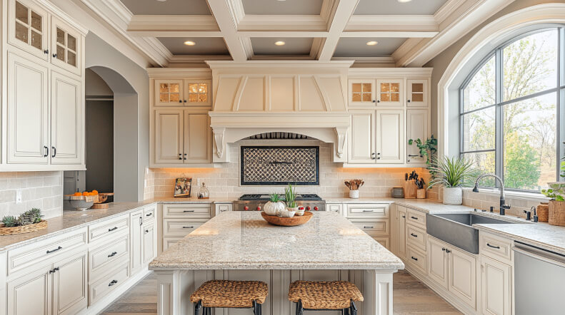 Elegant kitchen with wooden cabinetry and an arched interior window separating the kitchen from the dining area, showcasing classic design elements.