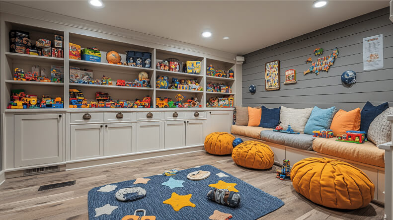 Kid-friendly basement playroom with built-in shelves, colorful toy storage, and a cozy seating nook featuring vibrant pillows and poufs.