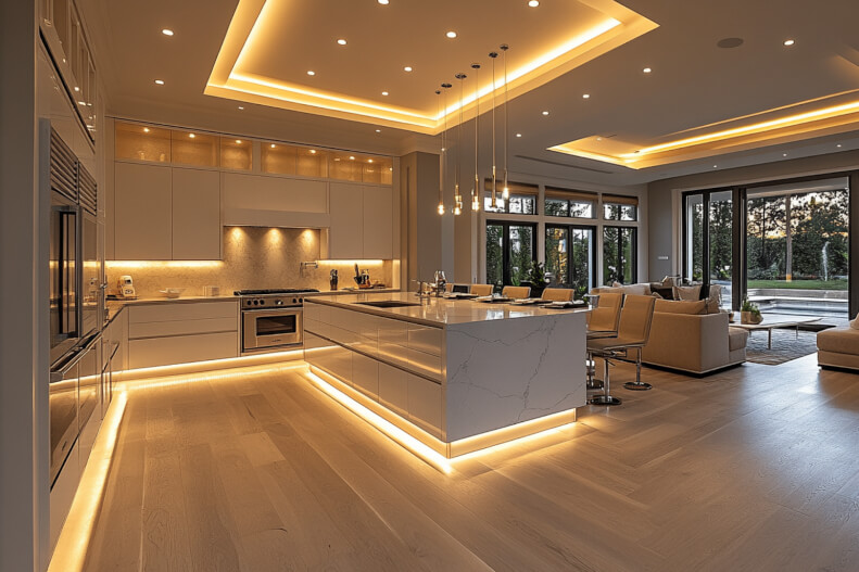 Modern open-concept kitchen with under-cabinet and ceiling lighting, large island, and sleek design featuring integrated lighting for a warm, ambient atmosphere.