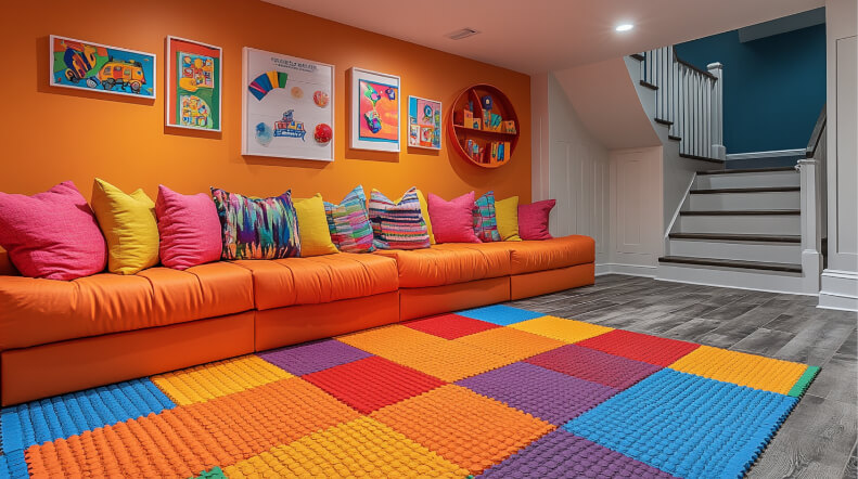 Bright basement playroom with cushioned rubber mats in bold colors, designed for active play and child safety, along with accessible toy storage.