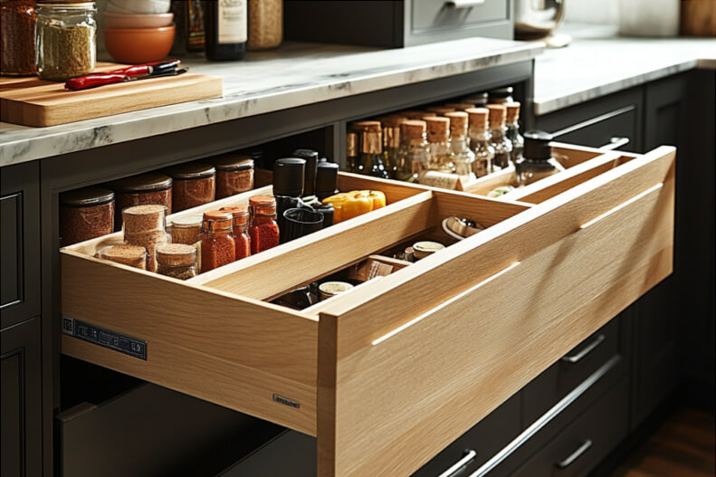 Kitchen with pull-out pantry and hidden spice racks for smart storage solutions.