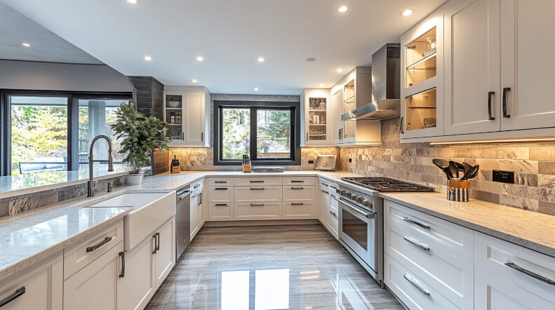 Spacious modern kitchen with marble countertops, sleek white cabinetry, and large windows overlooking a lush garden.