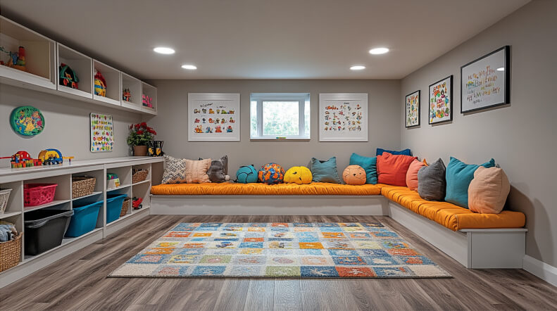 Modern basement playroom with vinyl plank flooring and colorful area rugs, providing a versatile and easy-to-clean surface for children’s activities.