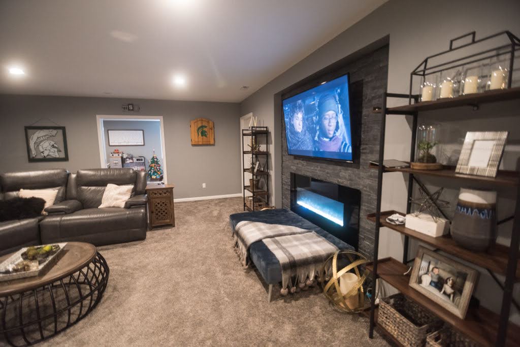 Stylish man cave with ambient lighting and modern decor