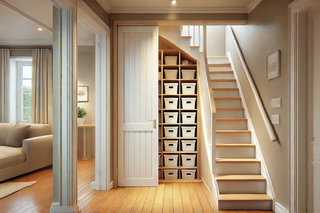 Organized under-stair storage room with labeled bins for seasonal items