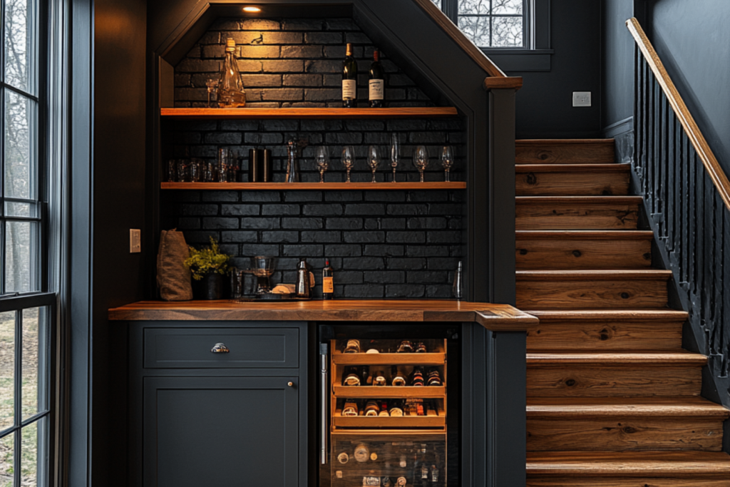 Stylish mini bar with wine storage and glassware under stairwell