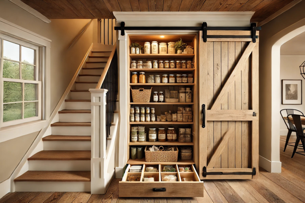Extended pantry with shelves of food and kitchen items under stairs