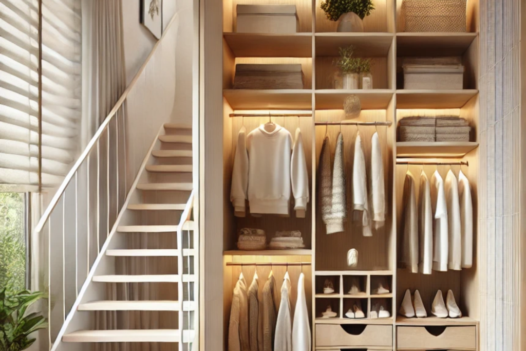 Closet with hanging clothes and storage bins under staircase