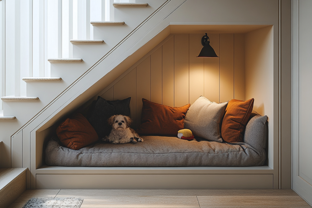 Custom pet area with dog bed and toys beneath staircase